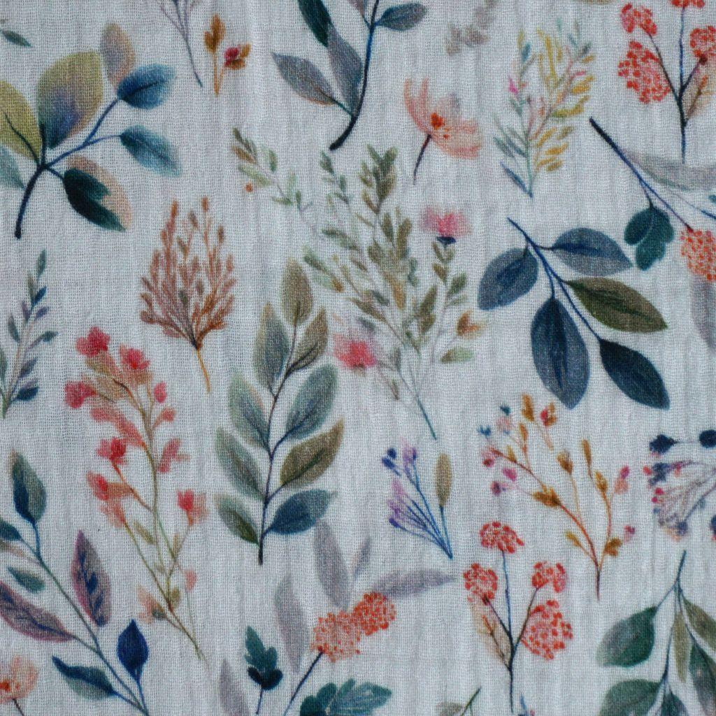 Musselin Double Gauze Zweige Grüntöne orange ecru